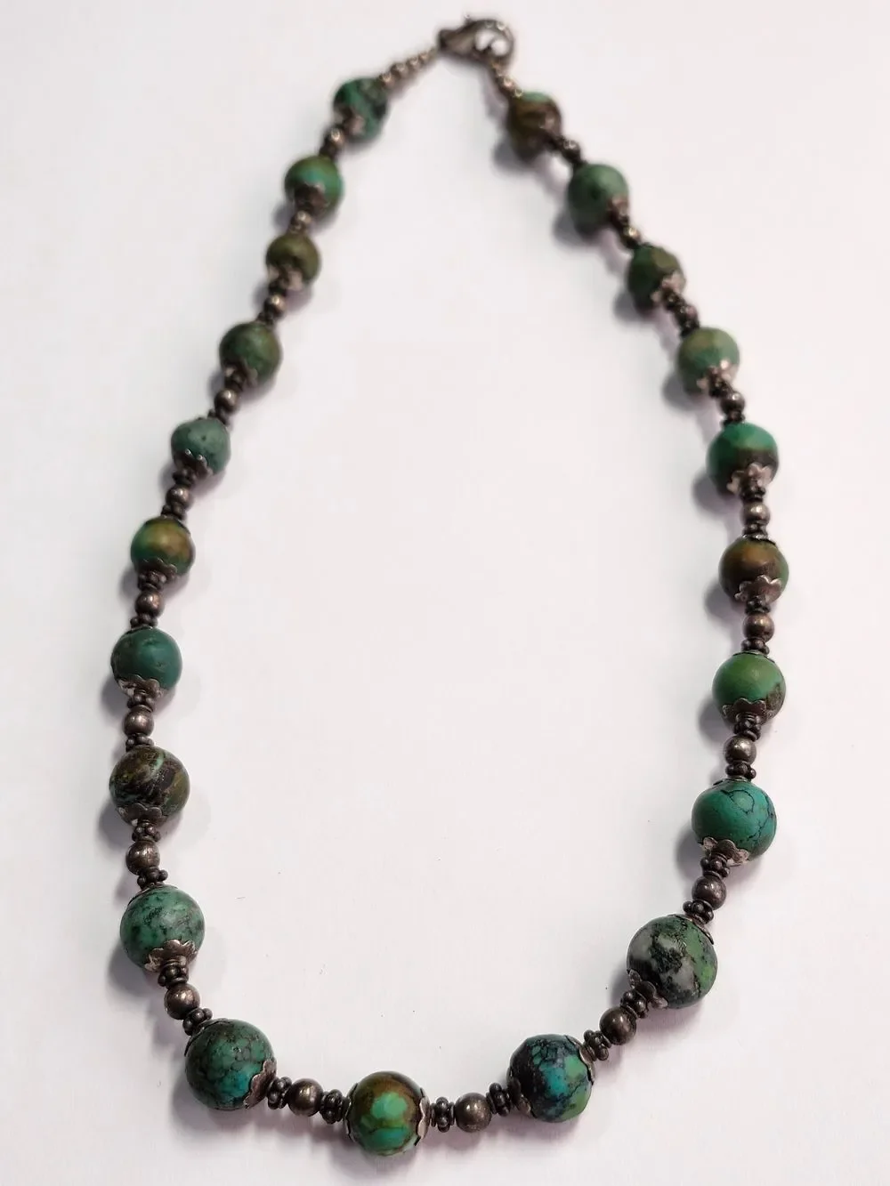 Turquoise And Sterling Silver Bead Necklace - Green Stone Strand